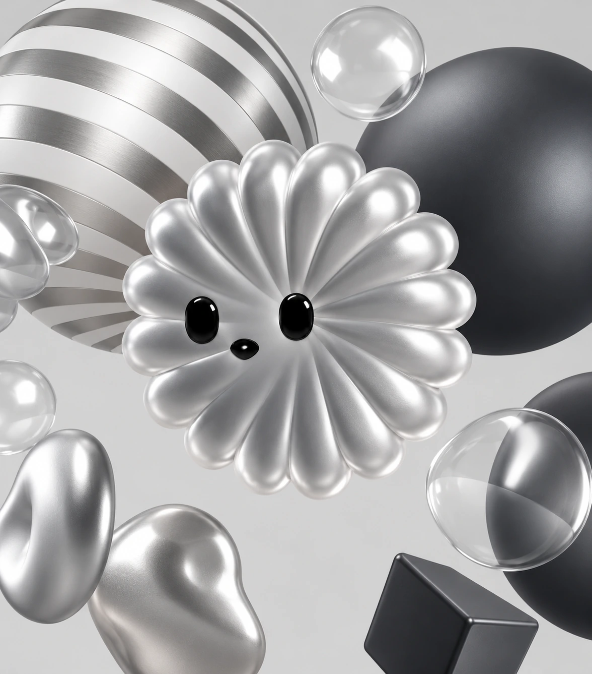 Flor tridimensional prateada com expressão amigável, esferas metálicas e formas de vidro